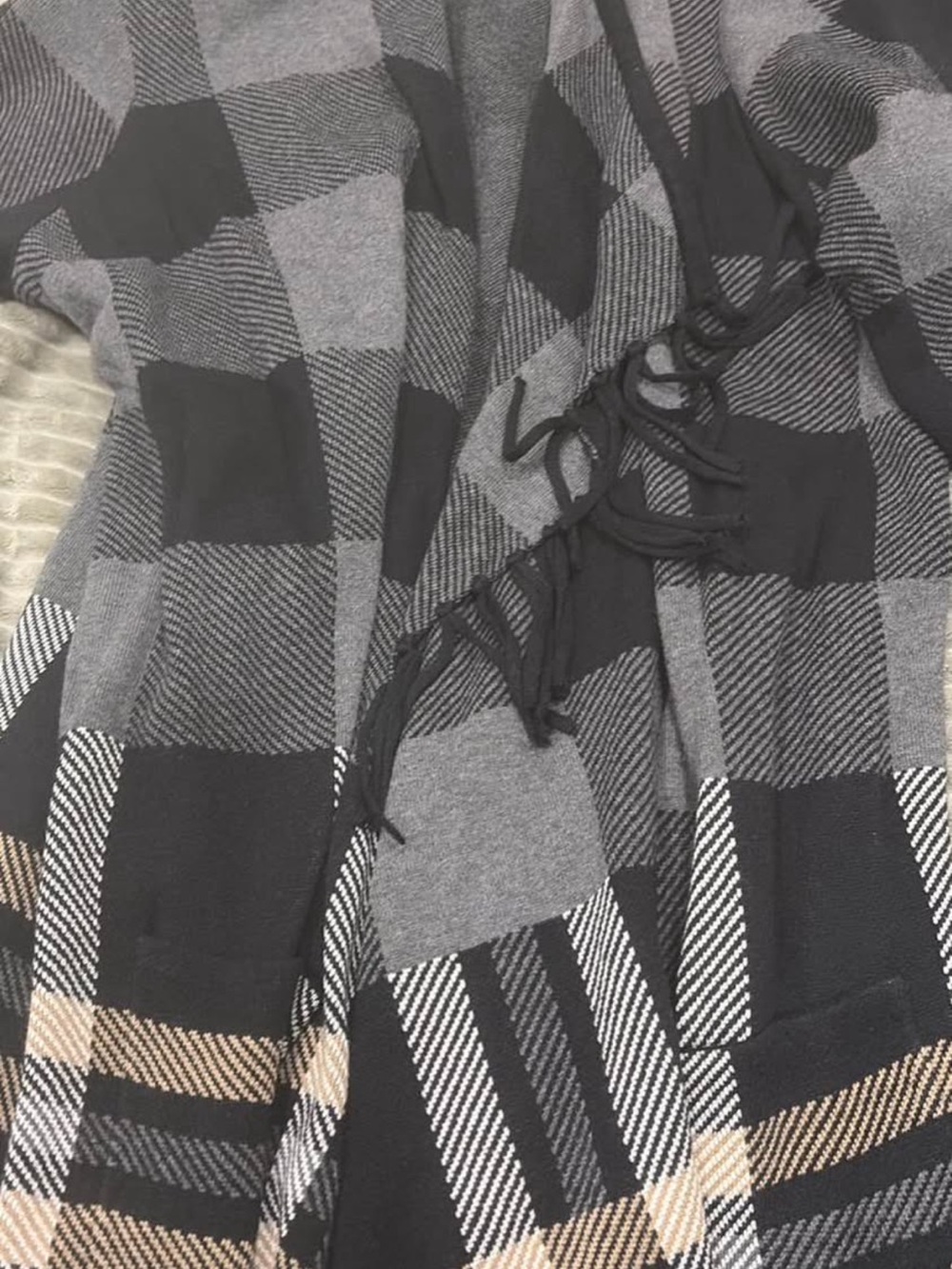 Isaac Mizrahi Black, Gray & Tan Plaid Fringe Poncho
